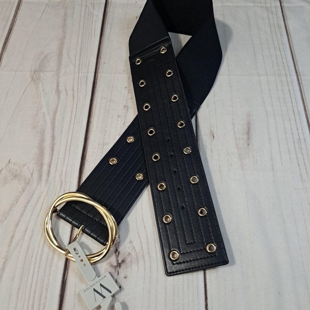 Worthington Gold Grommet Belt Wide, Buckle, Part Elastic Adjust M-L